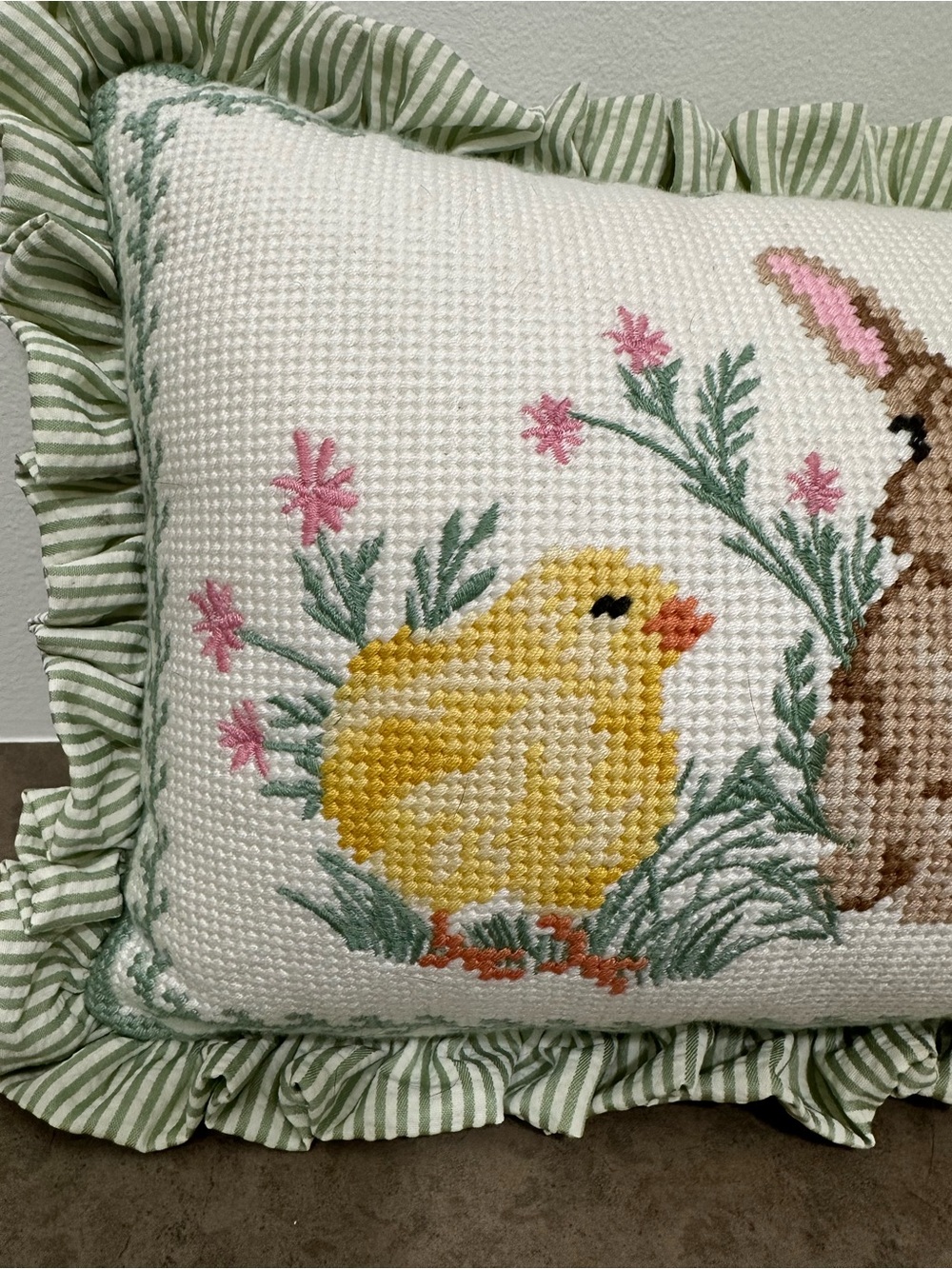 Easter Needlepoint Pillow Chick Bunny Duckling Floral GrannyCore Cottage 17 x 10 - Picture 6 of 10
